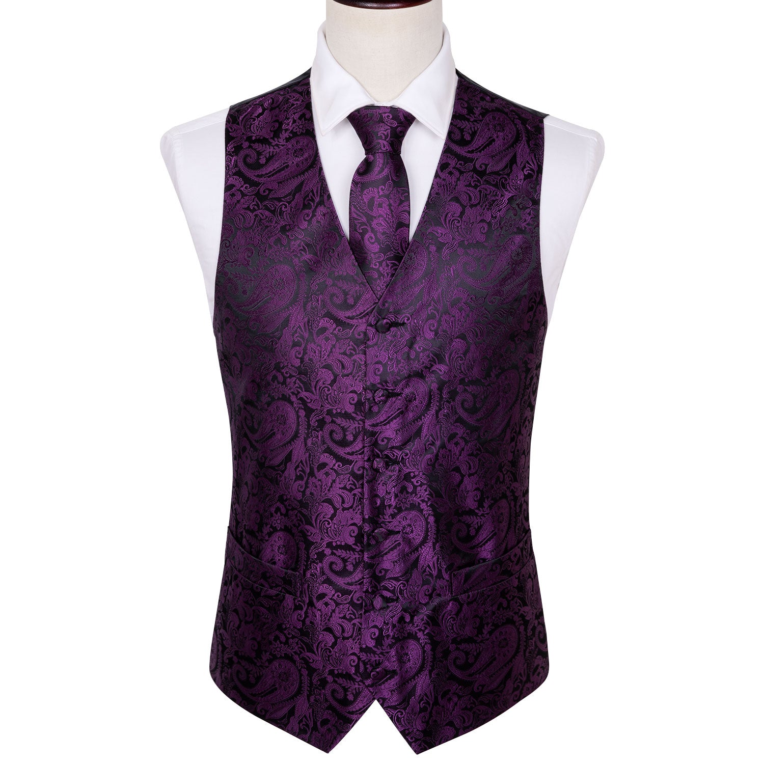 Men's Black Purple Floral Silk Vest Necktie Pocket square Cufflinks