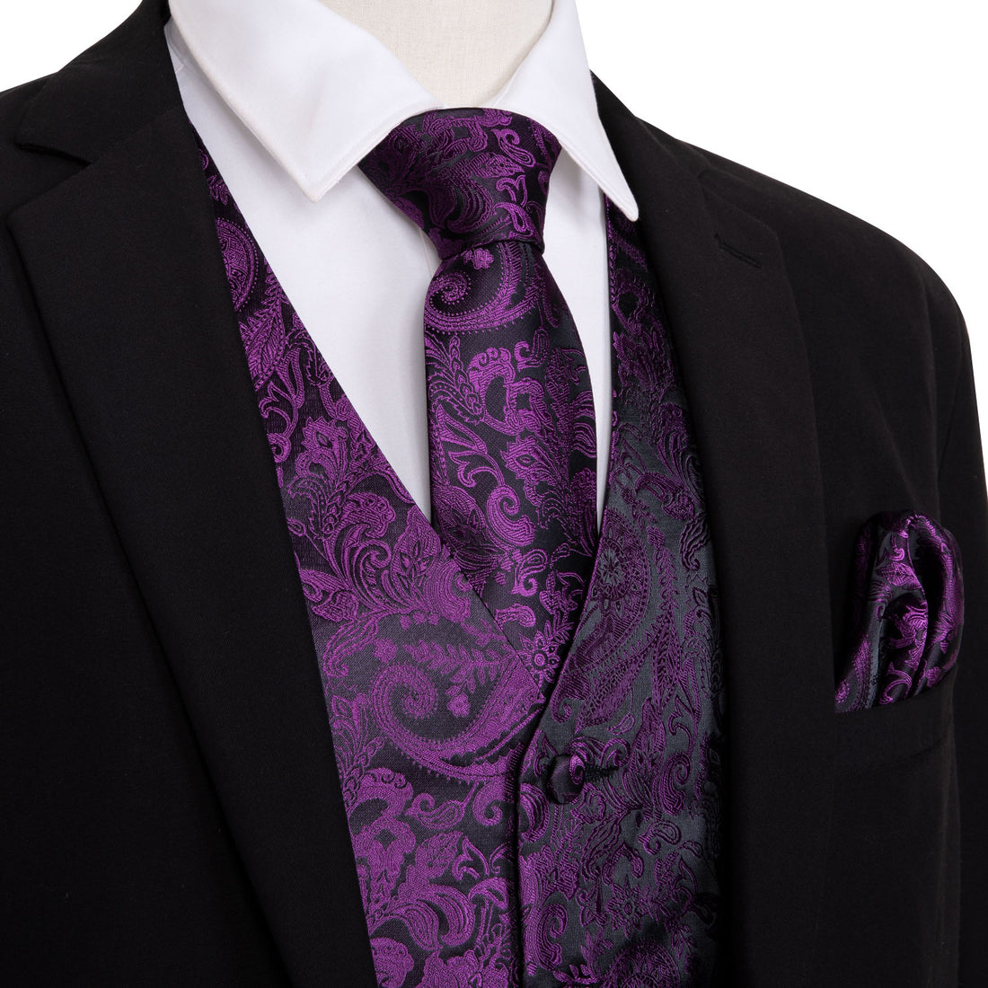 Barry Wang Purple Floral No-collar Vest Tie Pocket square Cufflinks