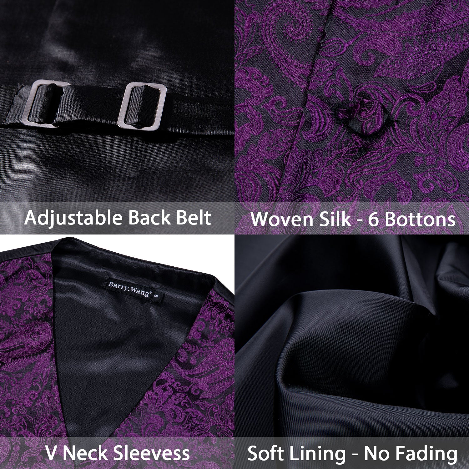 Men's Black Purple Floral Silk Vest Necktie Pocket square Cufflinks
