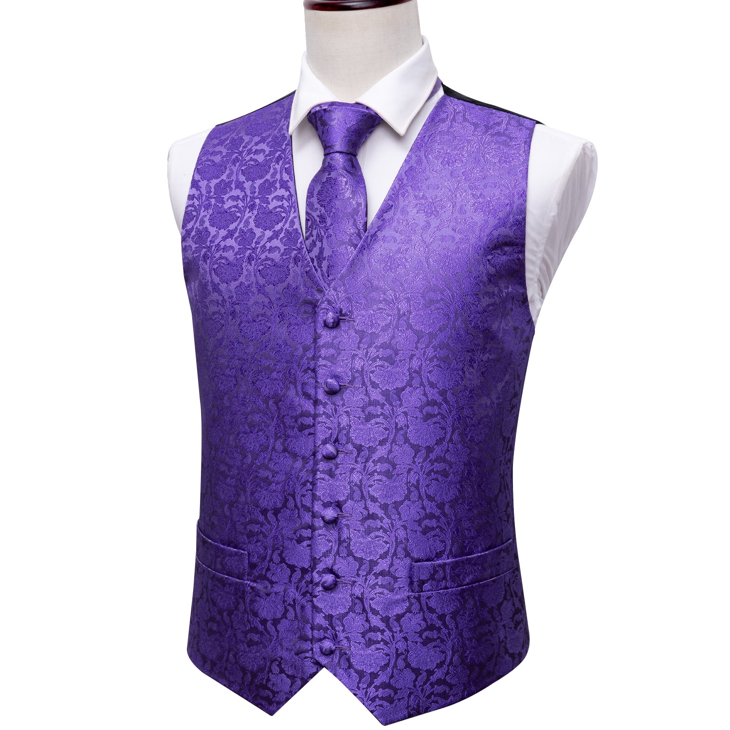 Men's Lavender Purple Floral Silk Vest Necktie  Pocket square Cufflinks