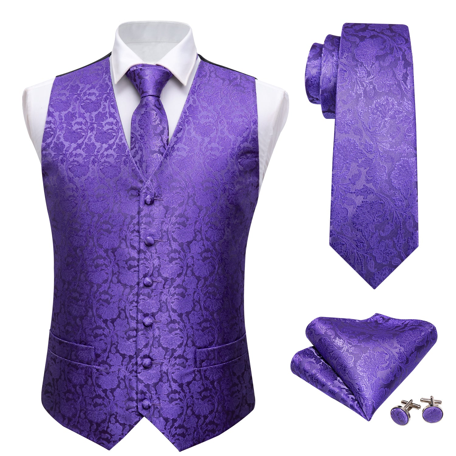 Barry.wang Men's Vest Lavender Purple Floral Silk Vest Necktie Pocket Square Cufflinks Set