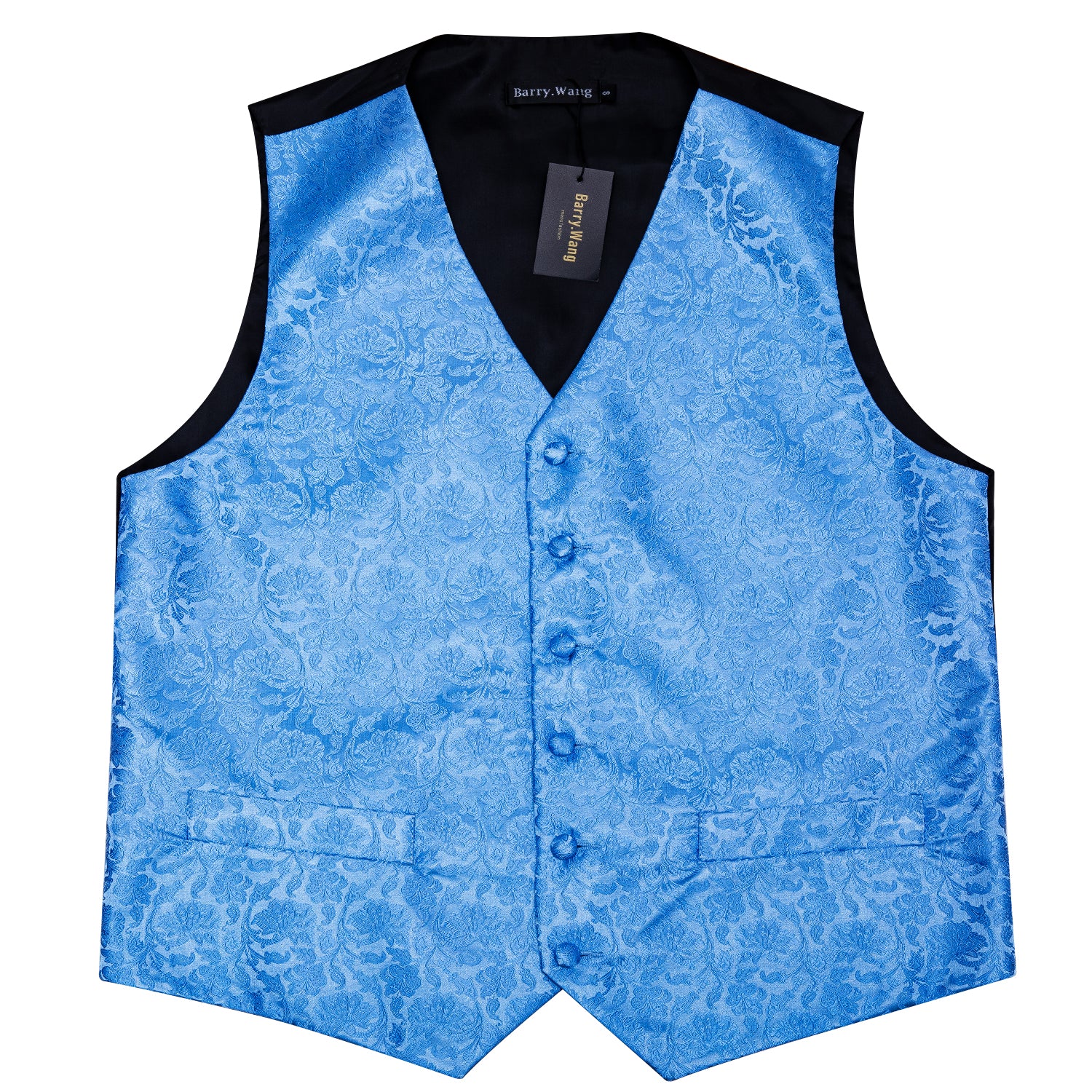 Men's Light Blue Floral Silk Vest Necktie Pocket square Cufflinks
