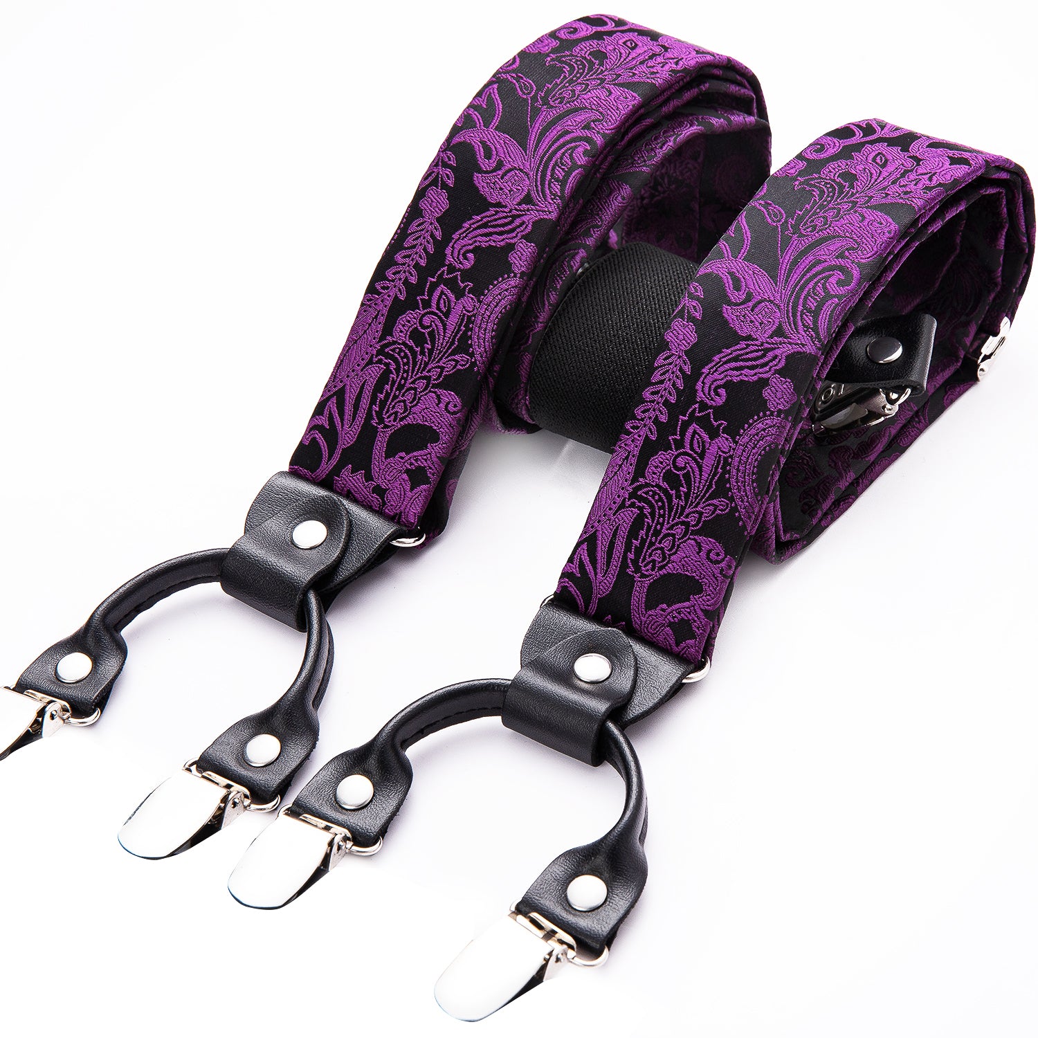 Black Purple Paisley  Y Back Adjustable Suspenders Tie Set