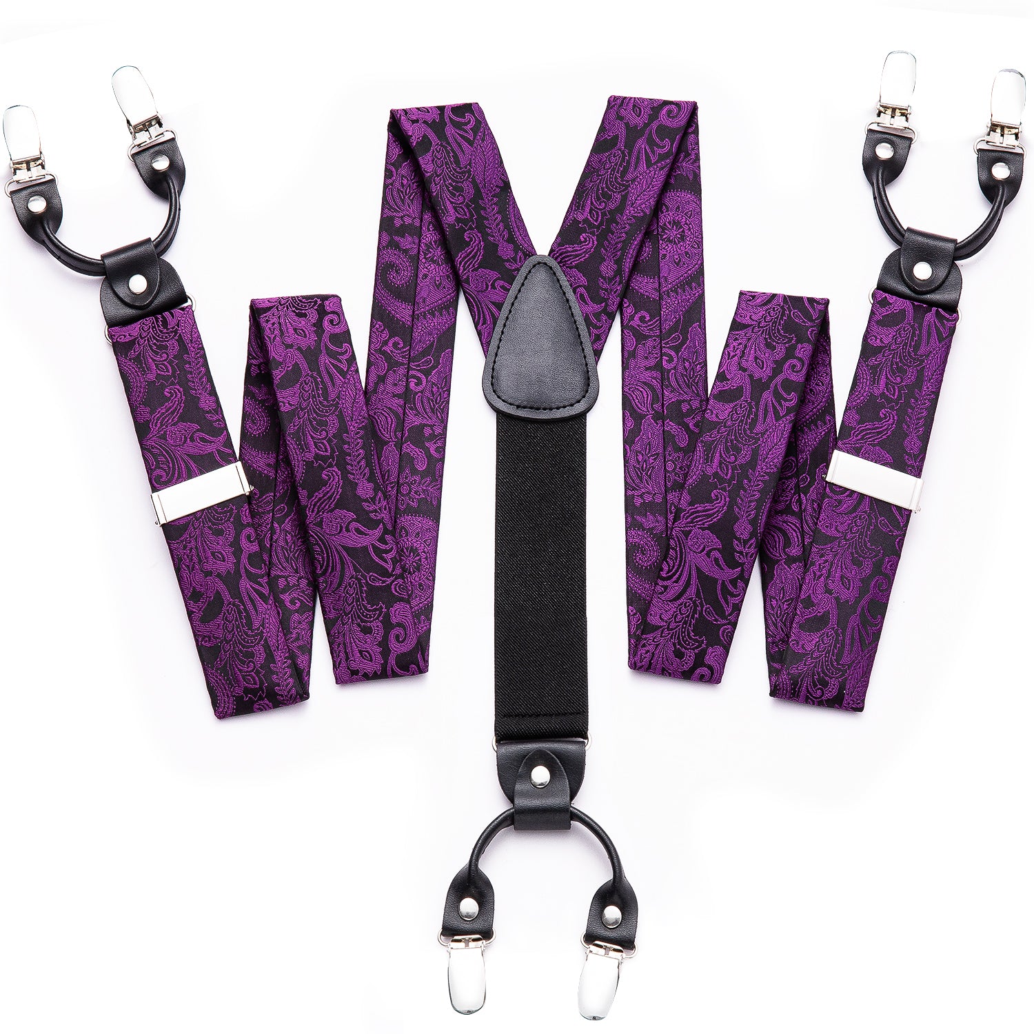 Black Purple Paisley  Y Back Adjustable Suspenders Tie Set