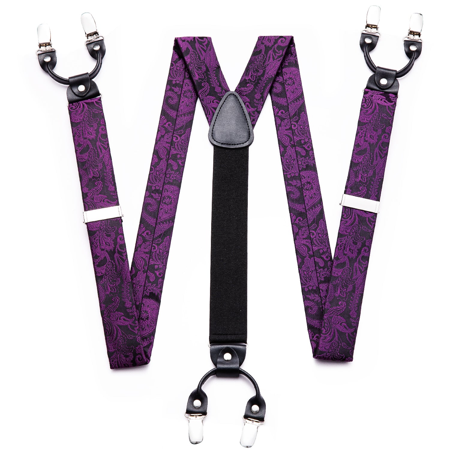 Black Purple Paisley  Y Back Adjustable Suspenders Tie Set