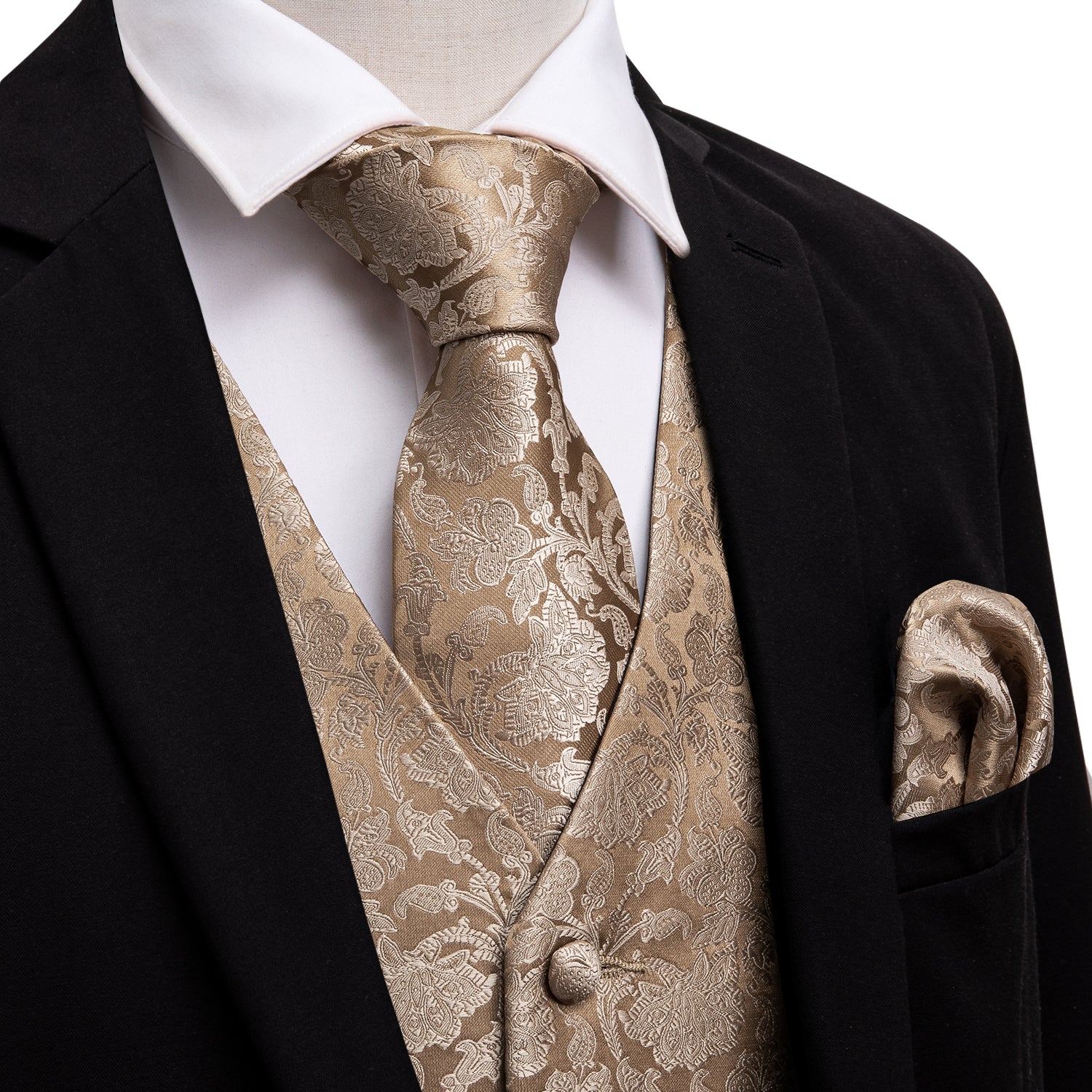Champagne Gold Floral Silk Vest Necktie Set mens vest near me