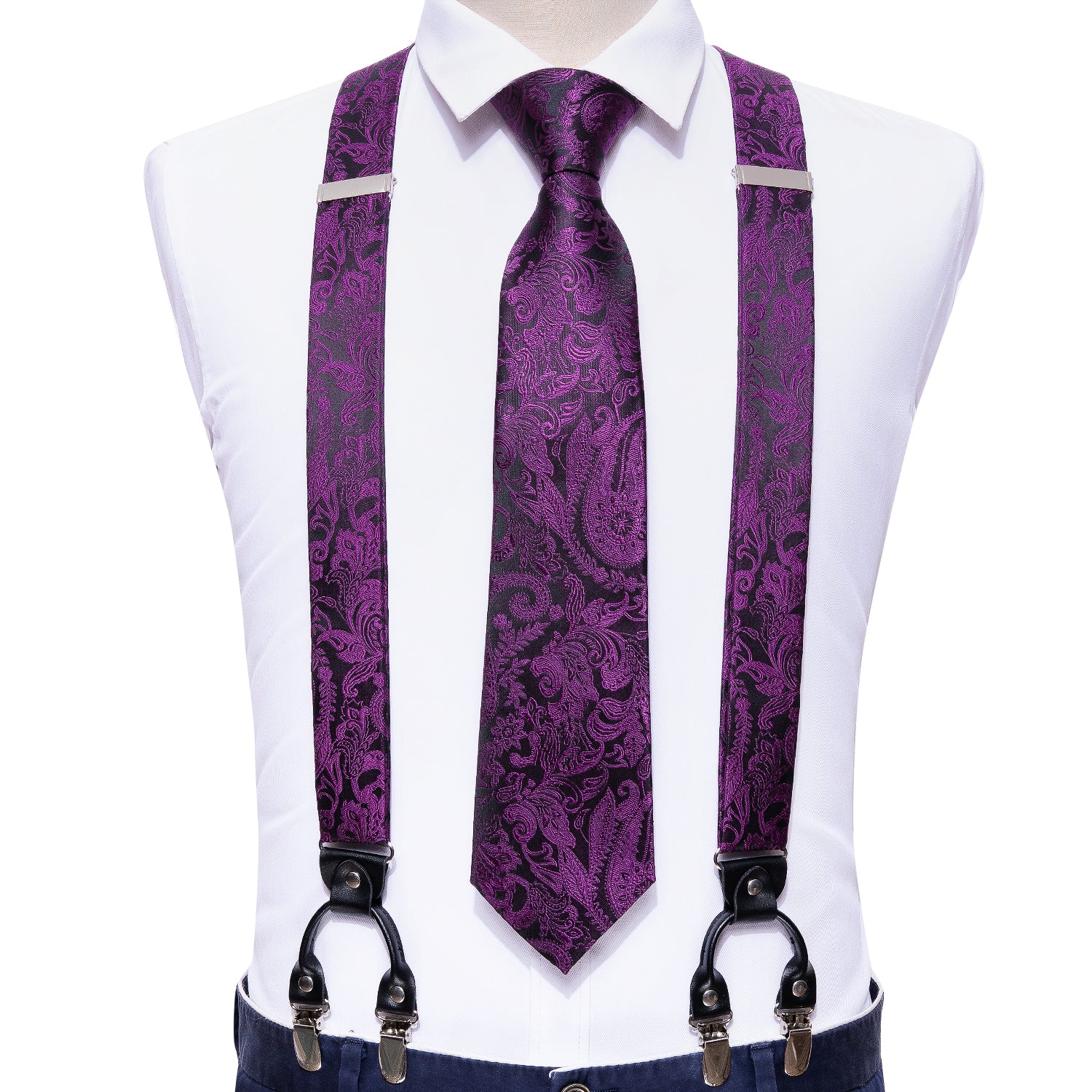 Black Purple Paisley  Y Back Adjustable Suspenders Tie Set