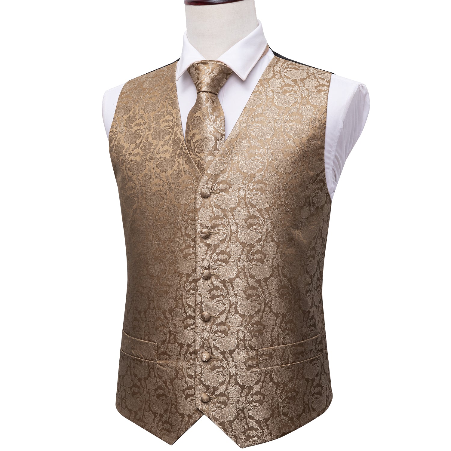 Men's Champagne Gold Floral Silk Vest Necktie Pocket square Cufflinks