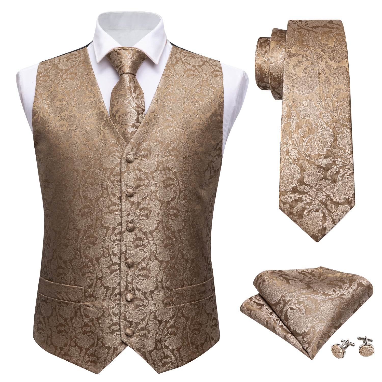 Men's Champagne Gold Floral Silk Vest Necktie Pocket square Cufflinks