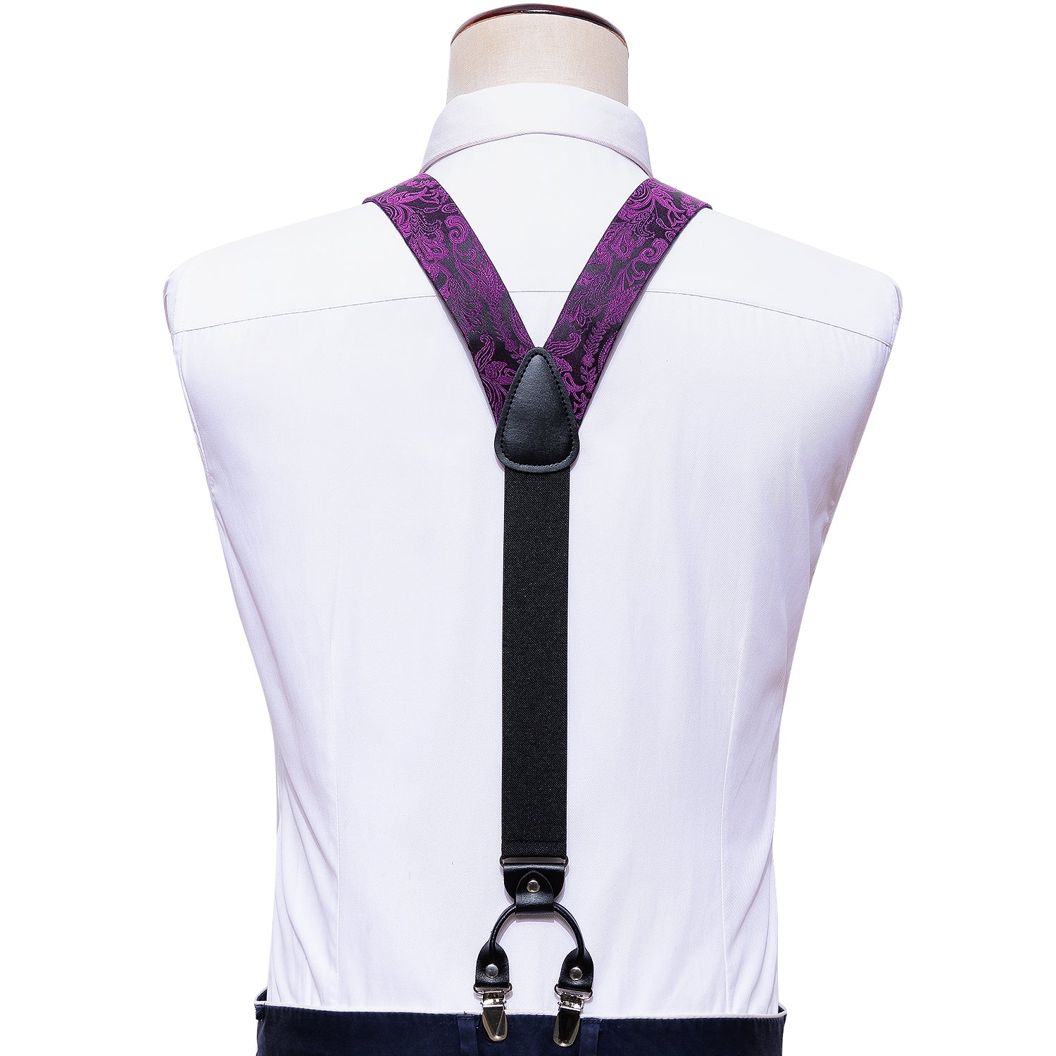 Black Purple Paisley  Y Back Adjustable Suspenders Tie Set