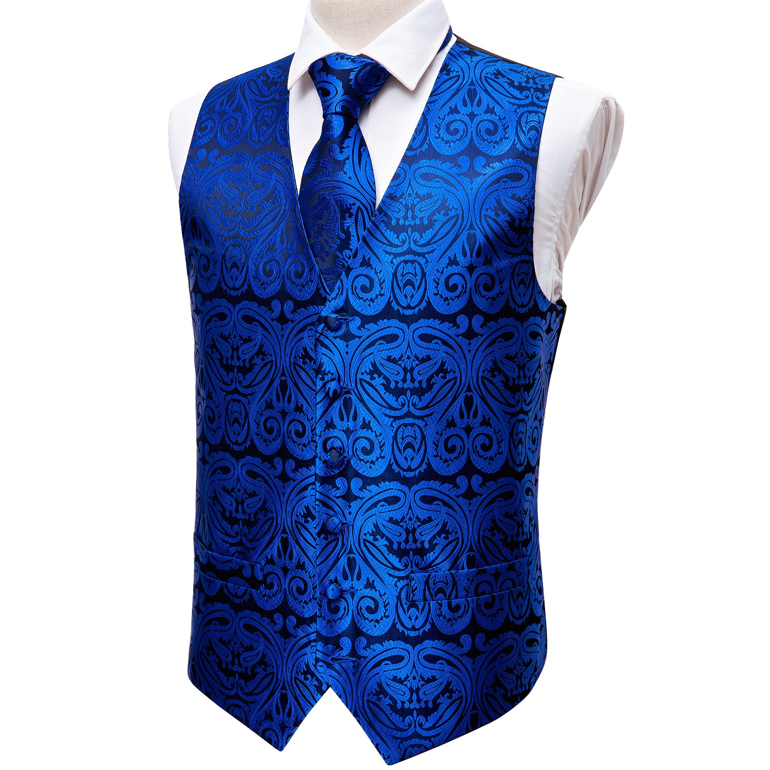 Men's  Blue Paisley Silk Vest Necktie Pocket square Cufflinks