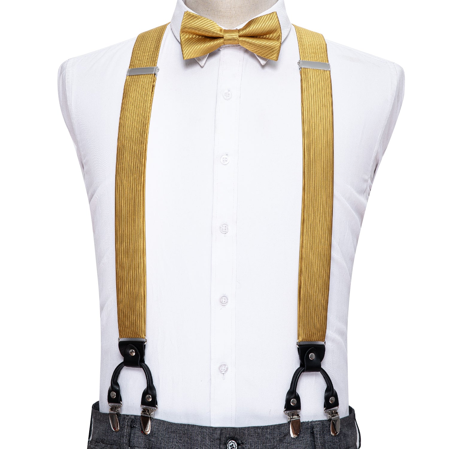 Yellow Solid Y Back Adjustable Suspenders Bow Tie Set