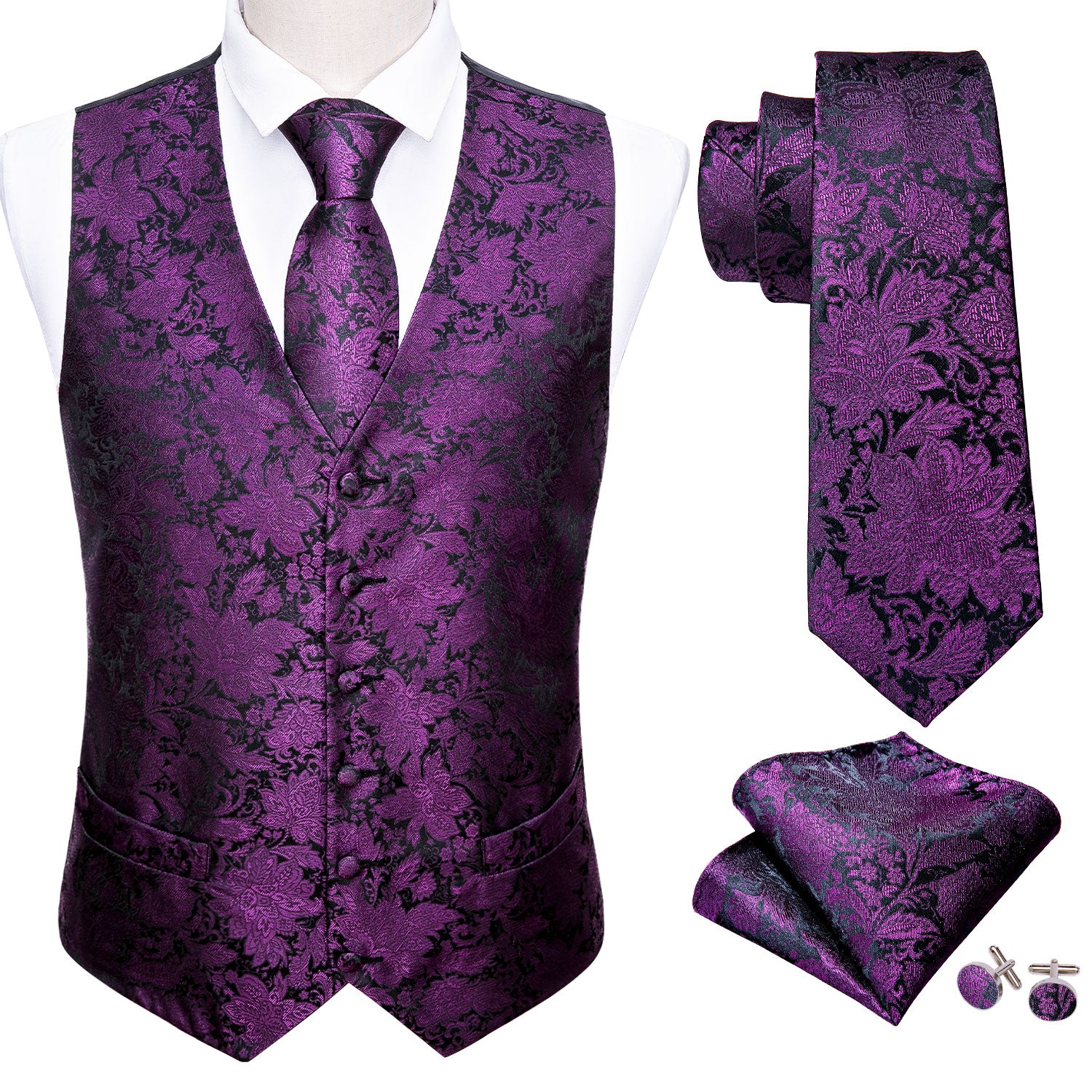 Men's Purple Paisley Silk Vest Necktie Pocket square Cufflinks