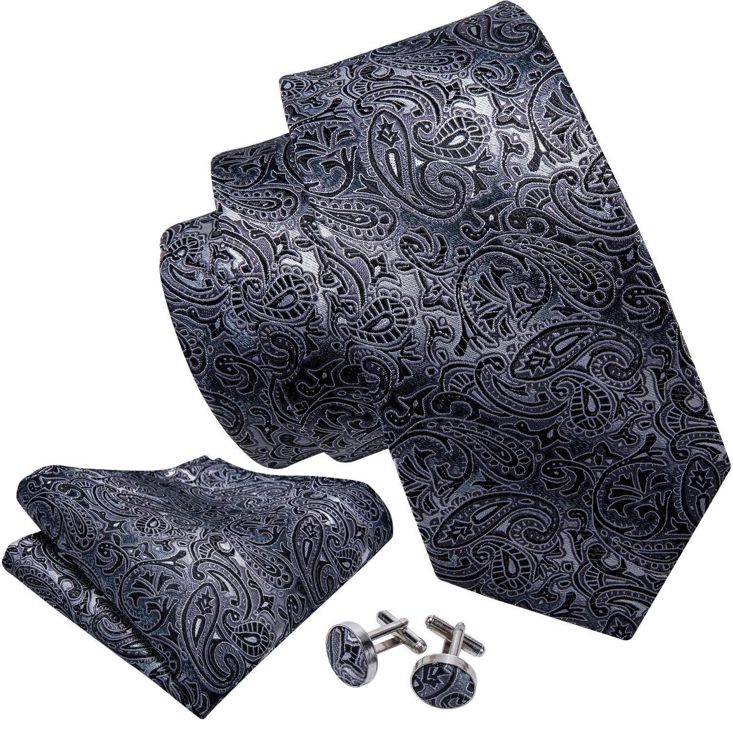 Barry.wang Black Tie Grey Paisley Men's Silk Tie Pocket Square Cufflinks Set