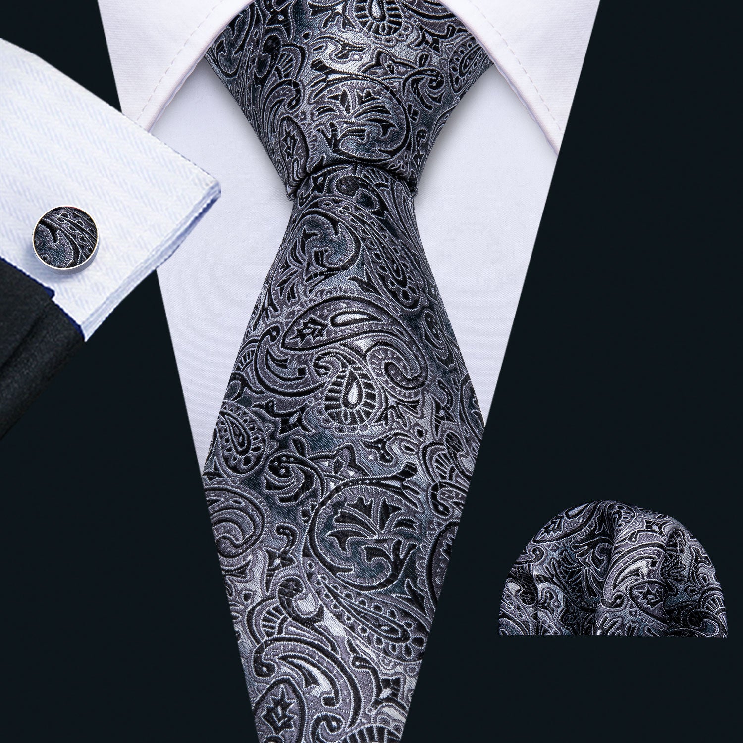 Grey Black Paisley Tie Pocket Square Cufflinks Set