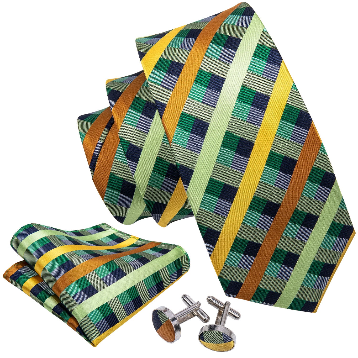 Mint Green Yellow Orange Plaid Tie Pocket Square Cufflinks Set
