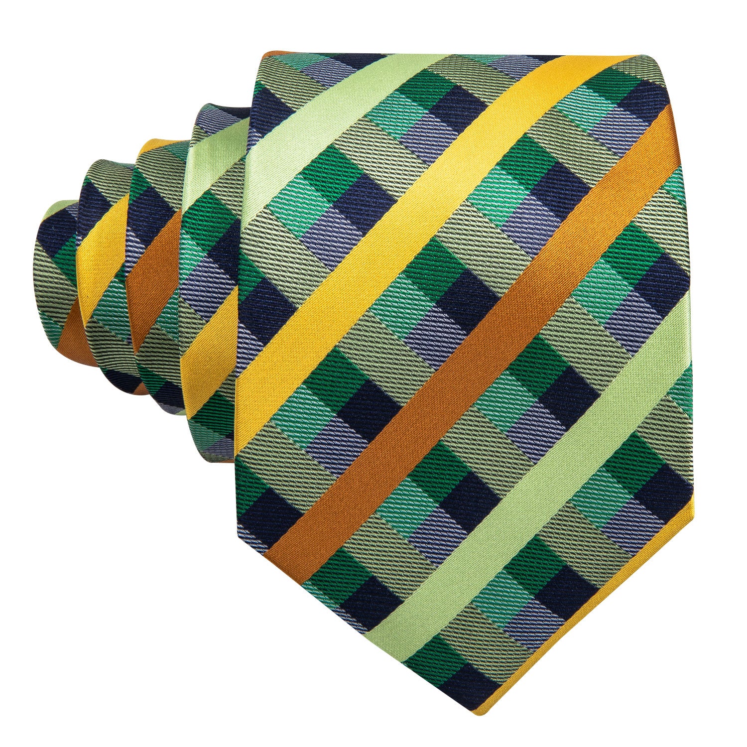 Mint Green Yellow Orange Plaid Tie Pocket Square Cufflinks Set