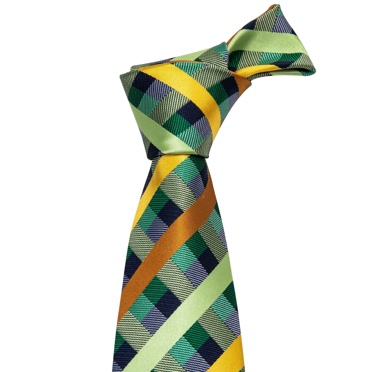 Mint Green Yellow Orange Plaid Tie Pocket Square Cufflinks Set