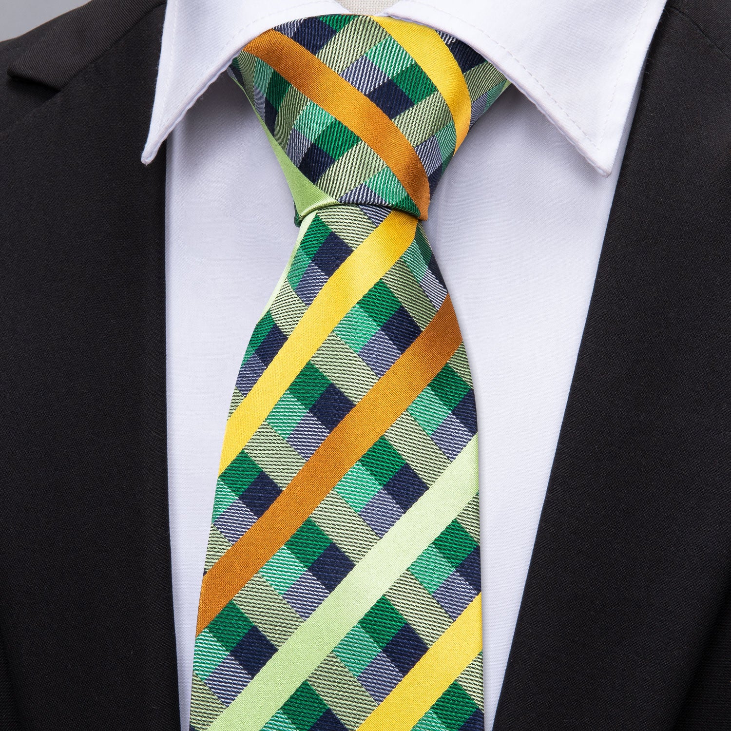 Mint Green Yellow Orange Plaid Tie Pocket Square Cufflinks Set