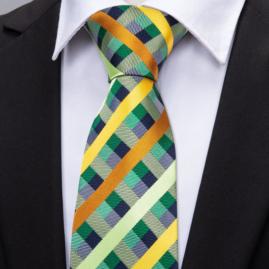 Mint Green Yellow Orange Plaid Tie Pocket Square Cufflinks Set