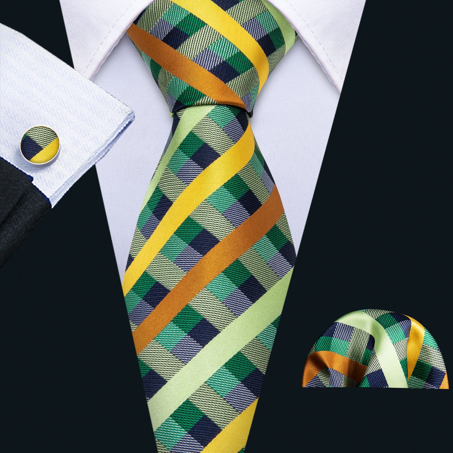 Mint Green Yellow Orange Plaid Tie Pocket Square Cufflinks Set