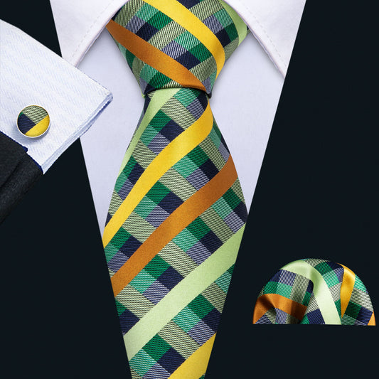 Mint Green Yellow Orange Plaid Tie Pocket Square Cufflinks Set