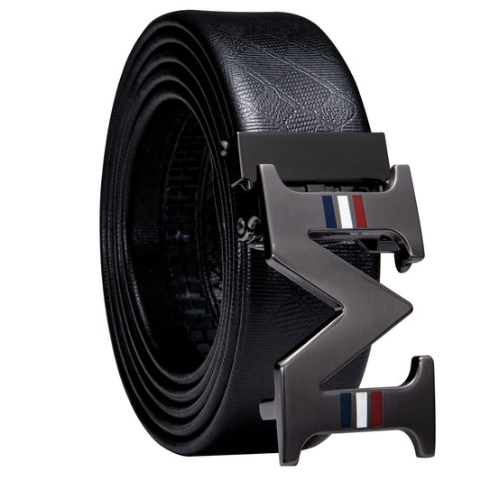Barry. Wang Men's Ratchet Leather Belt 1 3/8" Adjustable For Dress Business With M Letter Metal Buckle