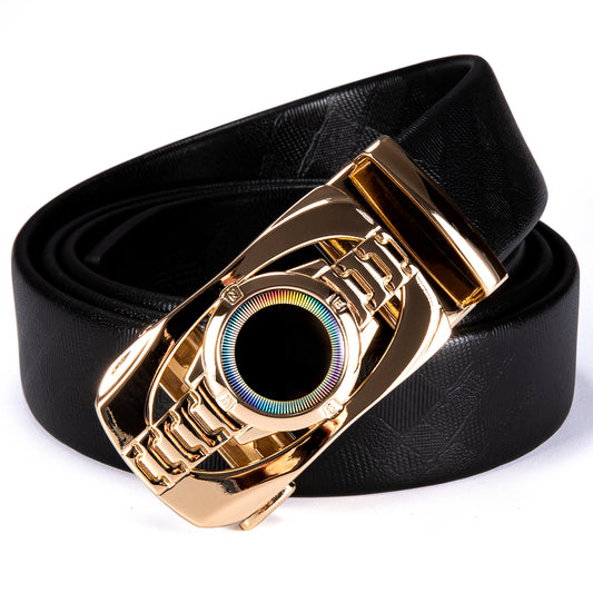 Barry. Wang Men's Leather Ratchet Belt 1 3/8" Adjustable For Dress Casual With Gold Circle Metal Buckle