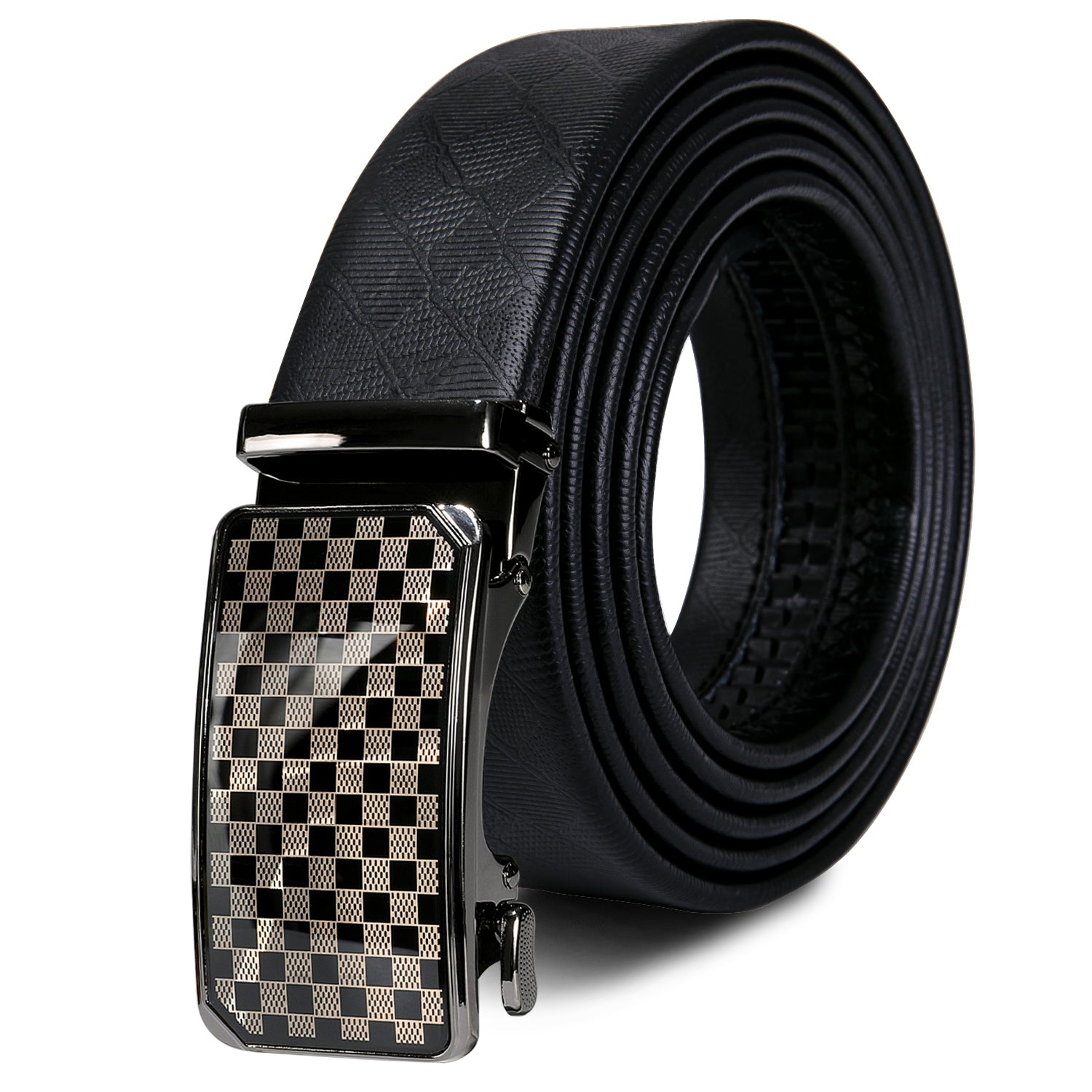 New Black Plaid Metal Buckle Genuine Leather Belt 43 inch to 63 inch
