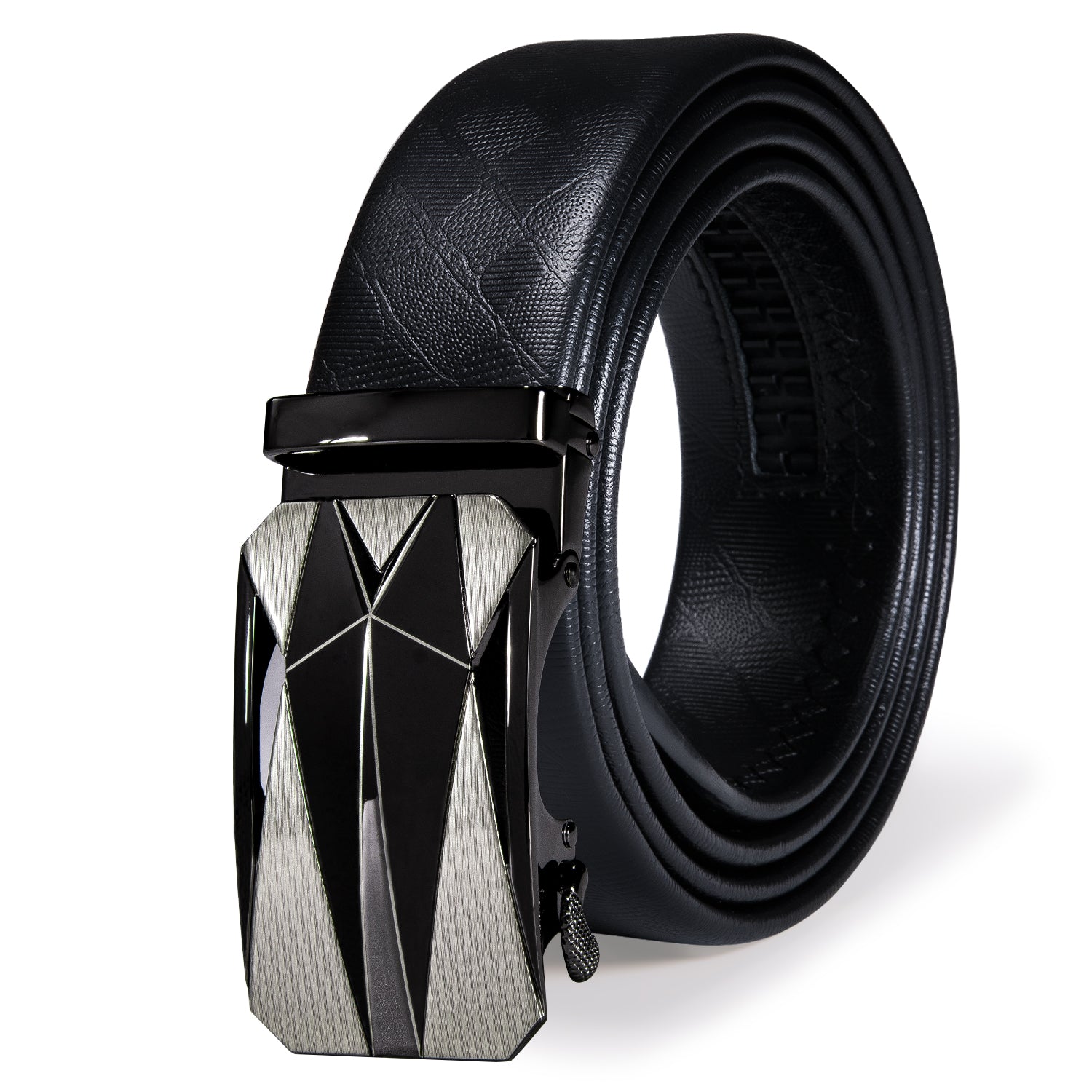 Novelty Black Geometric Metal Buckle Genuine Leather Belt 43 inch to 63 inch