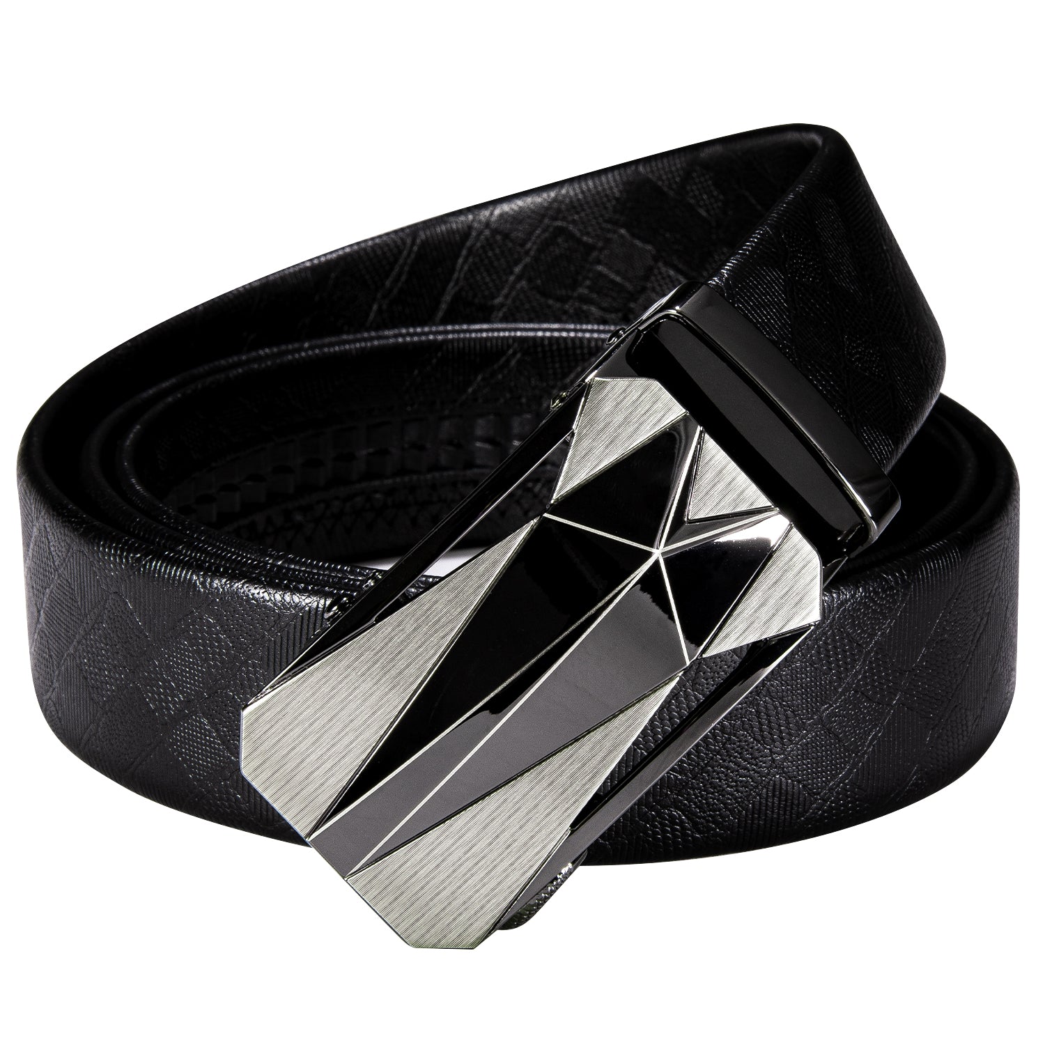 Novelty Black Geometric Metal Buckle Genuine Leather Belt 43 inch to 63 inch