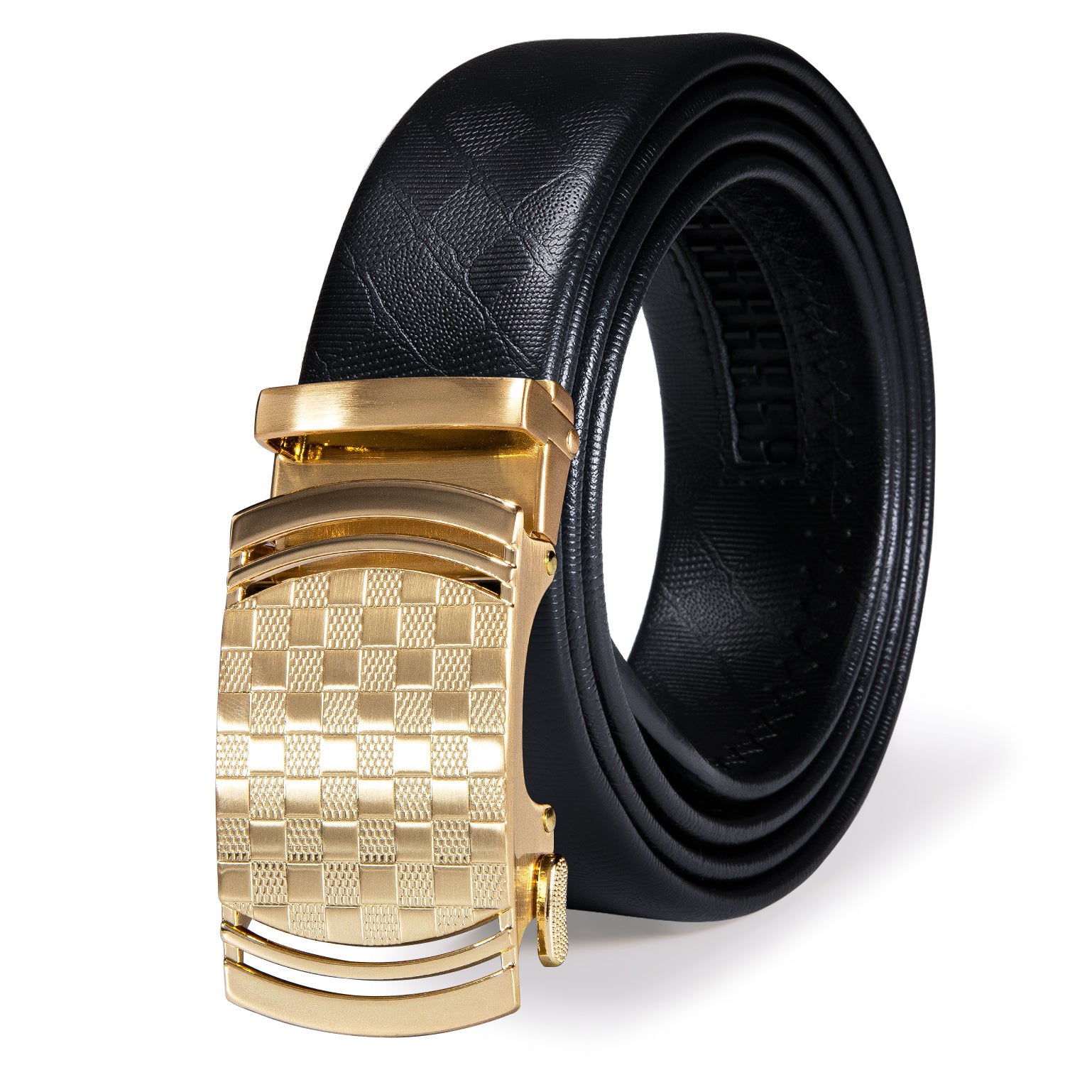 Barry.wang Men's Belt Golden Plaid Metal Buckle Genuine Leather Belt 43 inch to 63 inch
