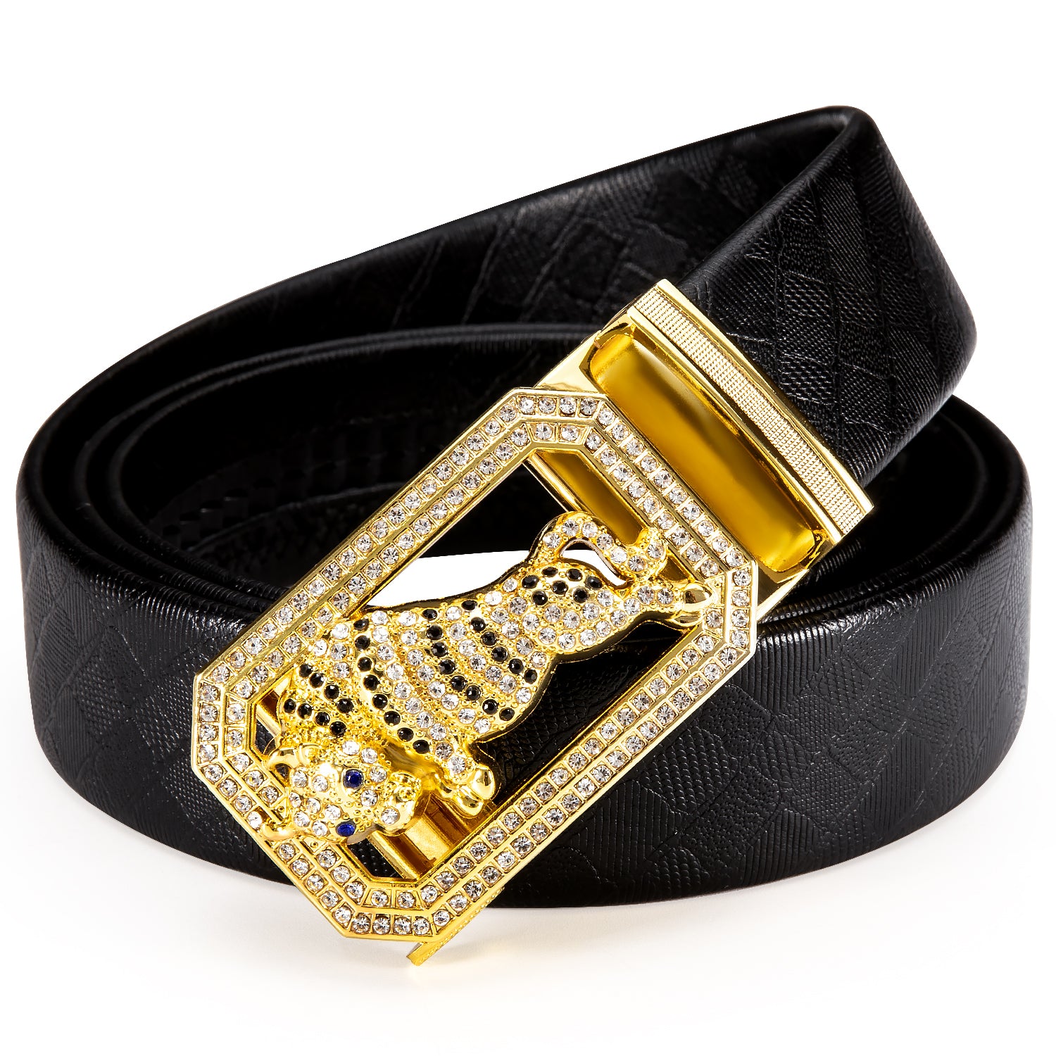 Novelty Golden Diamond Metal Automatic Buckle Black Leather Belt 43 inch to 63 inch