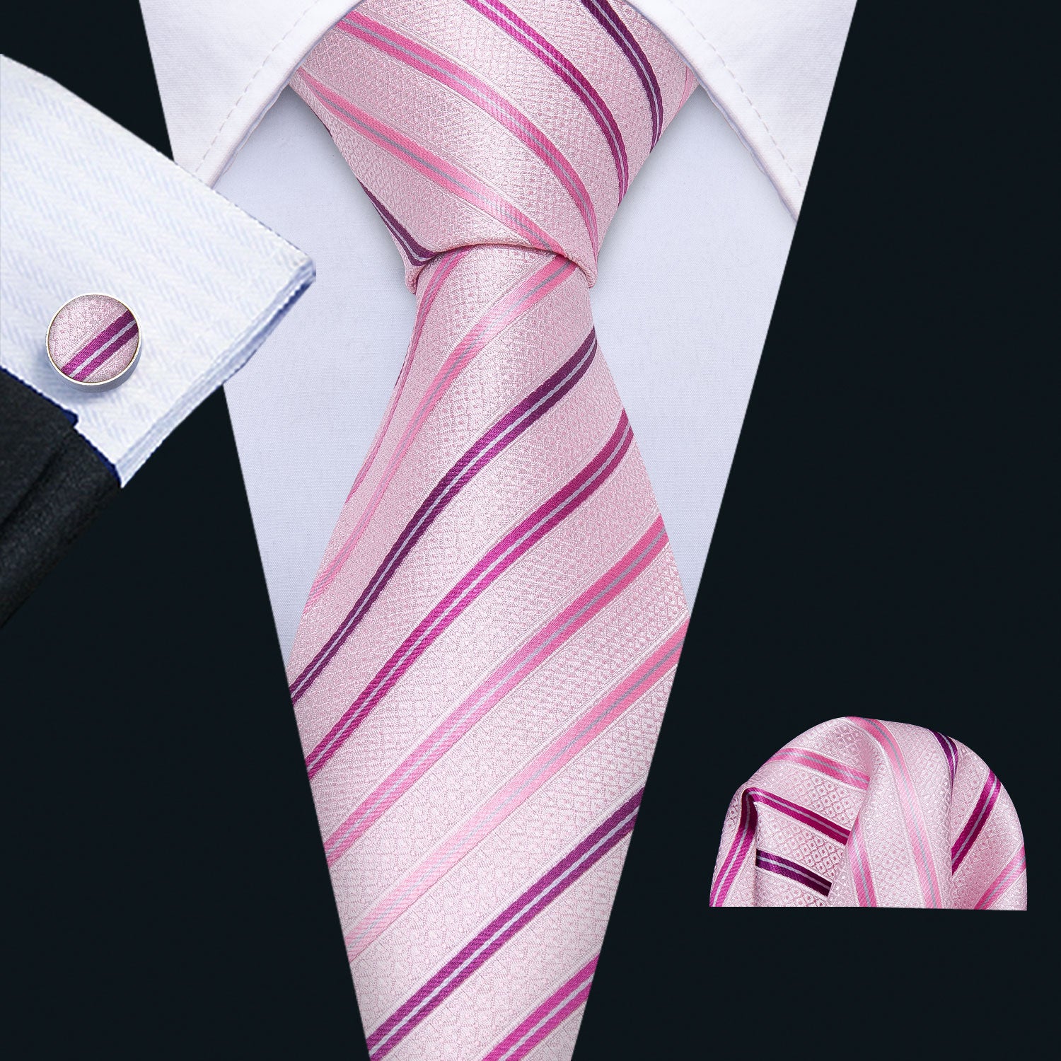 Pink Striped Tie Pocket Square Cufflinks Set