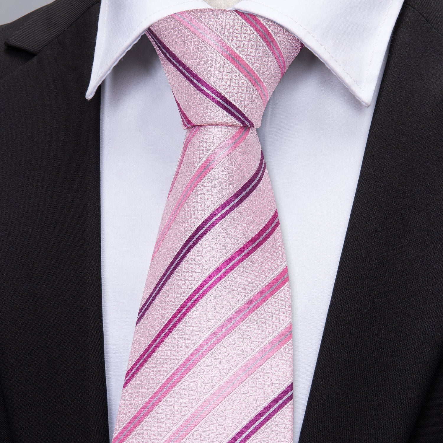 Pink Striped Tie Pocket Square Cufflinks Set