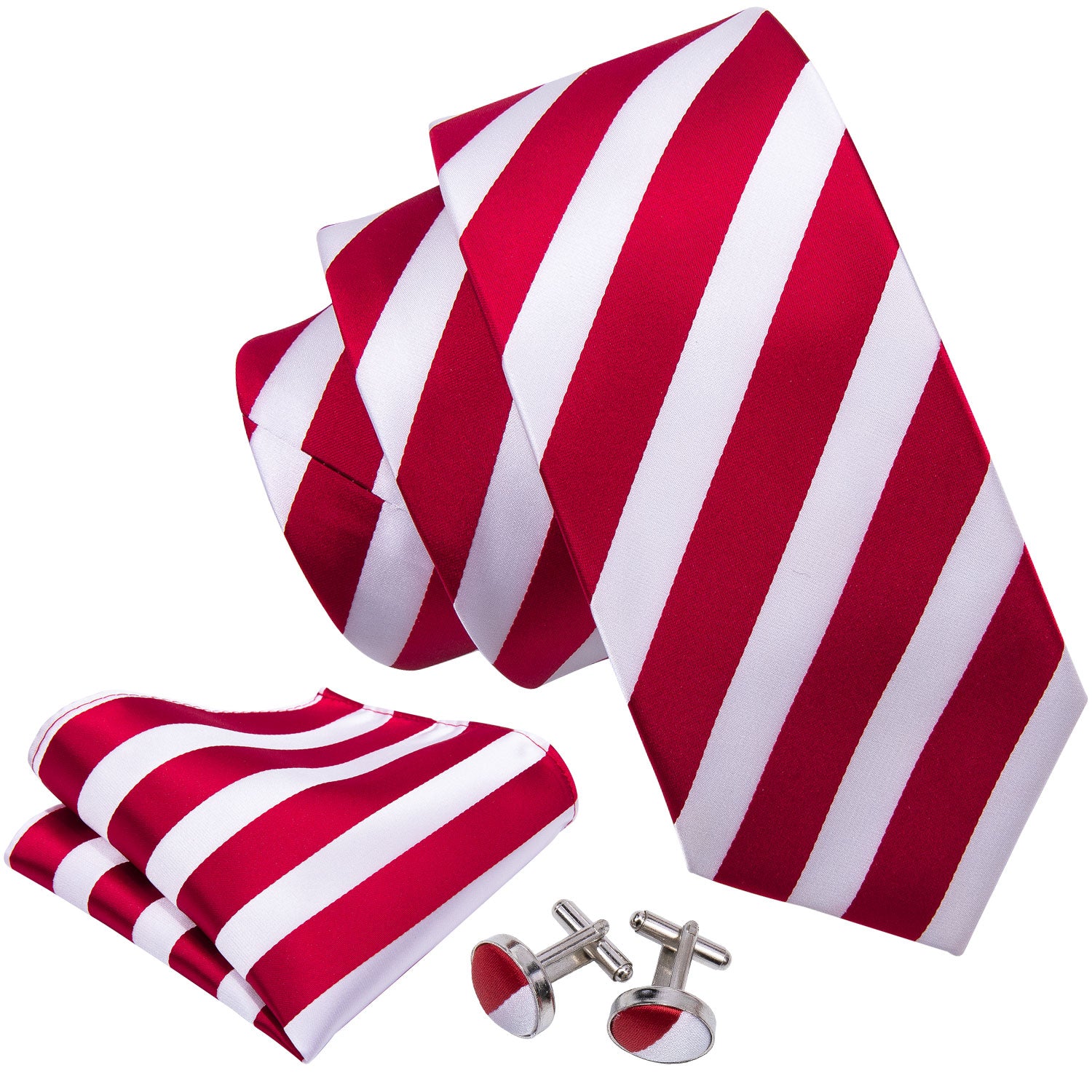 Red White Striped Silk Tie Pocket Square Cufflinks Set