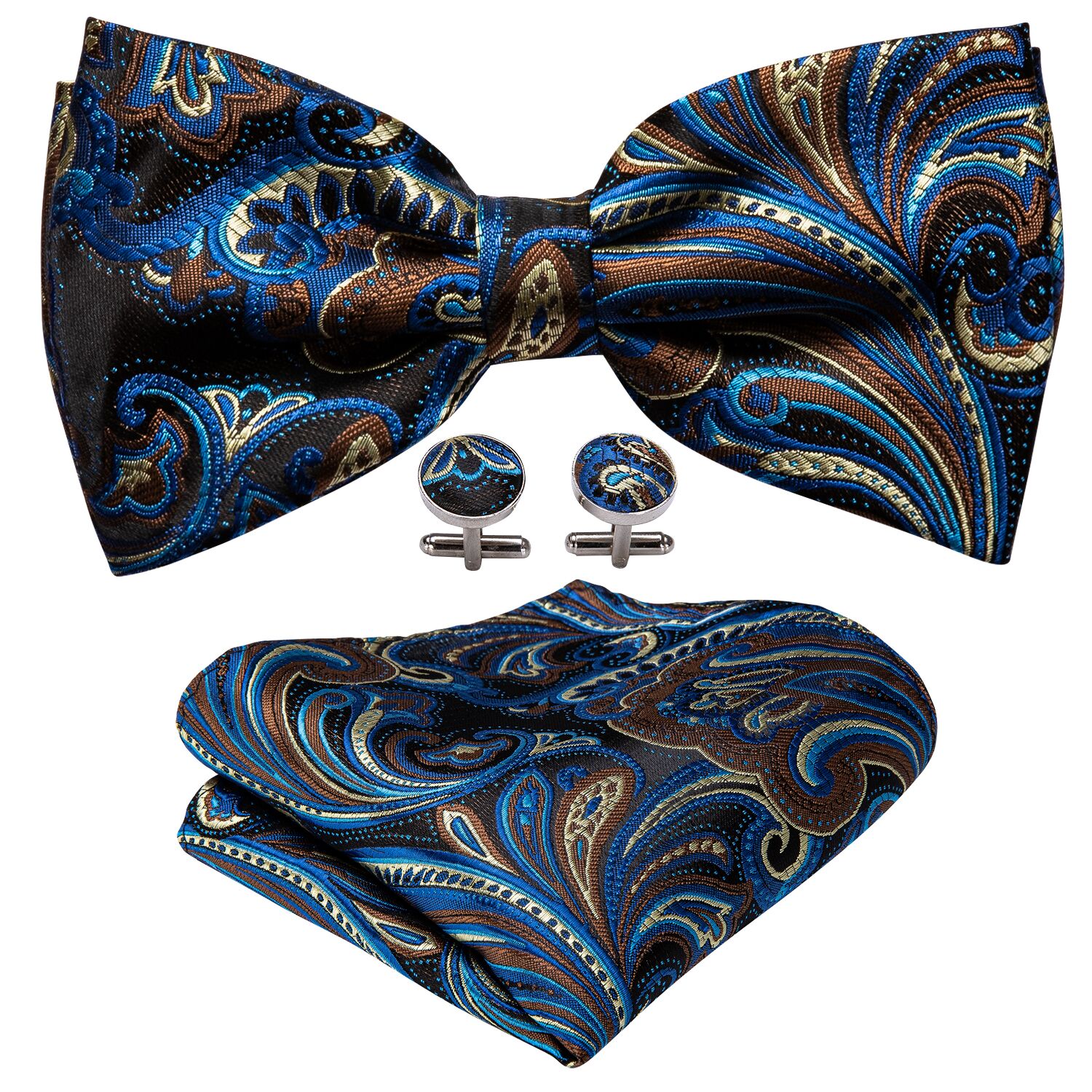  Blue Brown Paisley Pre-tied Bow Tie Hanky Cufflinks Set