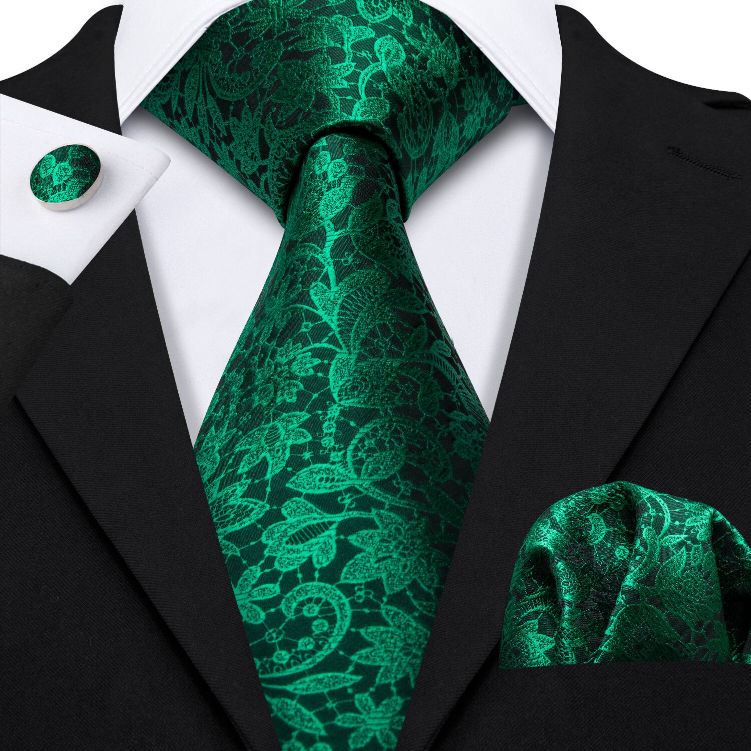 Fluorescent Green Paisley Silk Tie Handkerchief Cufflinks Set