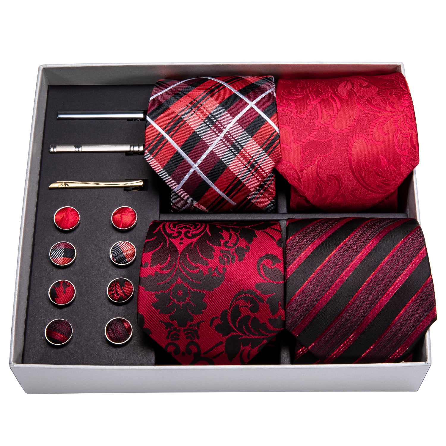 4PCS Men Ties Red Paisley Silk Men Wedding Necktie Pocket Square Gift Box Set