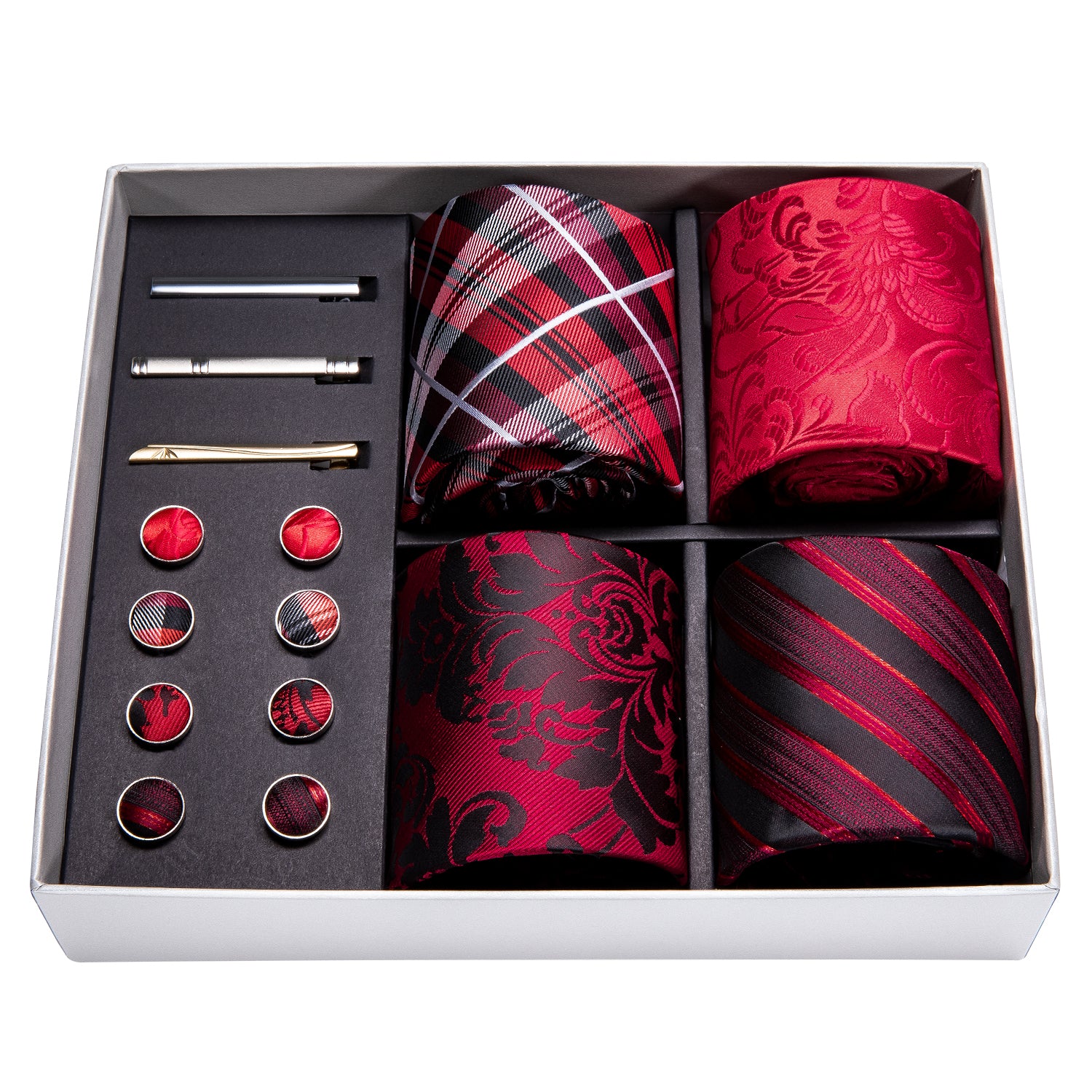 4PCS Men Ties Red Paisley Silk Men Wedding Necktie Pocket Square Gift Box Set