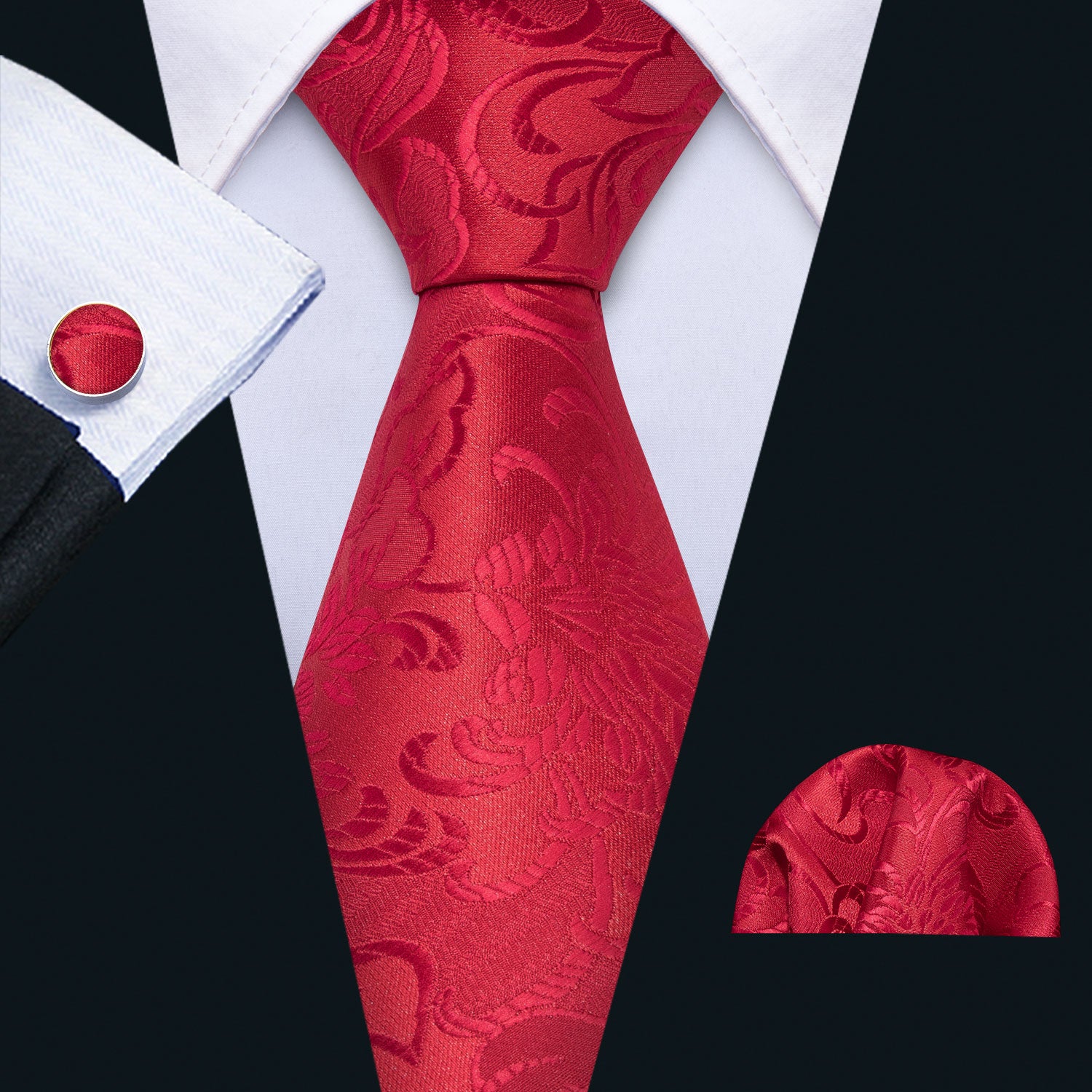 Wedding Red Floral Tie Pocket Square Cufflinks Set
