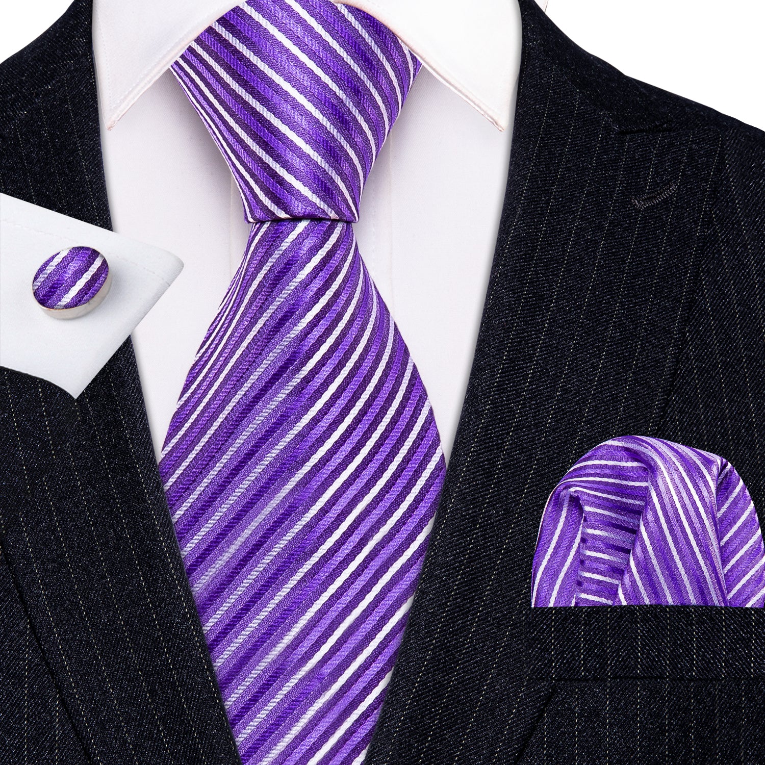 Purple White Striped Men's Tie Pocket Square Cufflinks Set