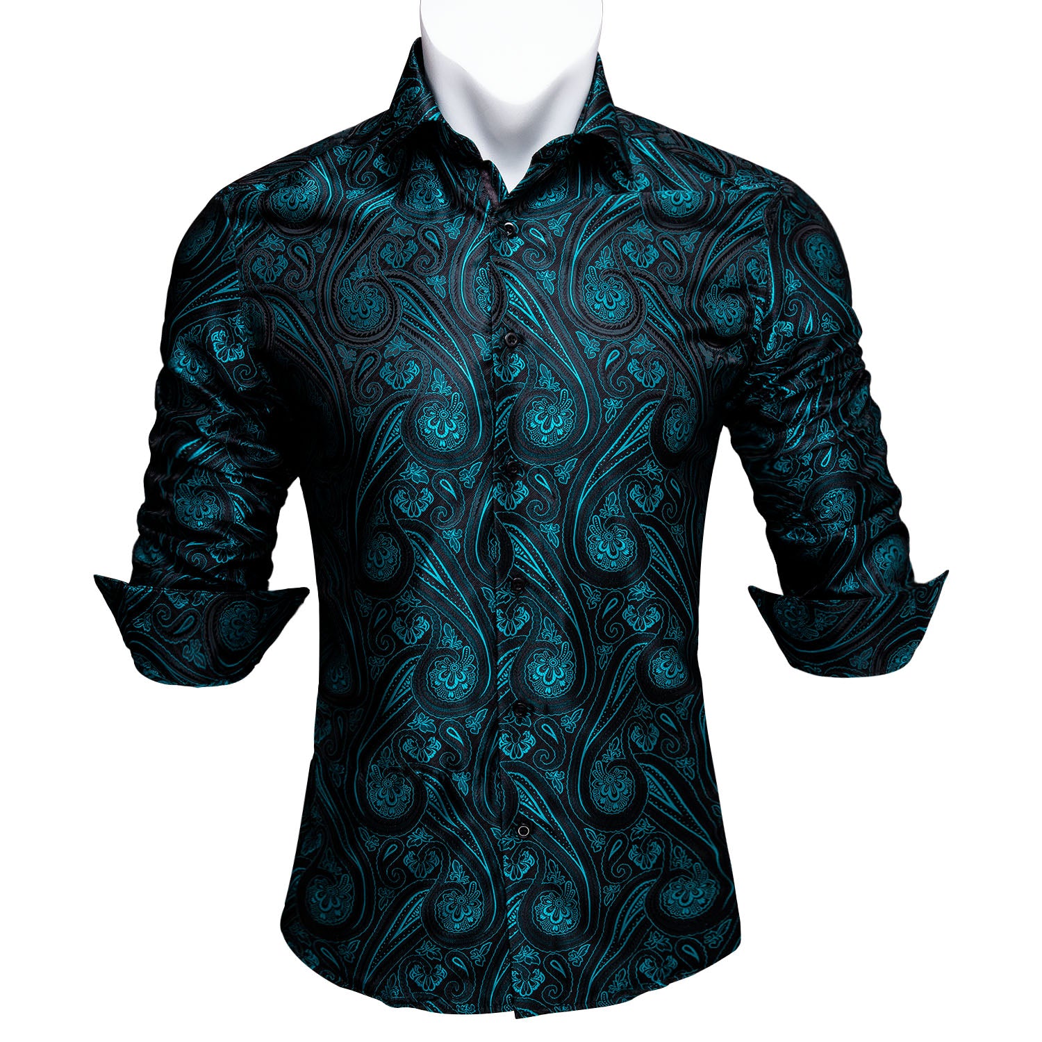 Barry.wang Button Down Shirt Acid Blue Suit Floral Men's Silk Long Sleeve Shirt