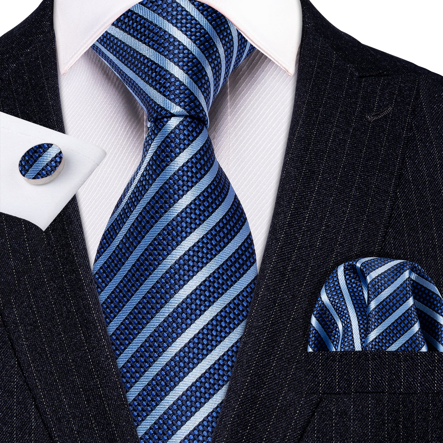Blue striped Silk Men's Tie Pocket Square Cufflinks Set