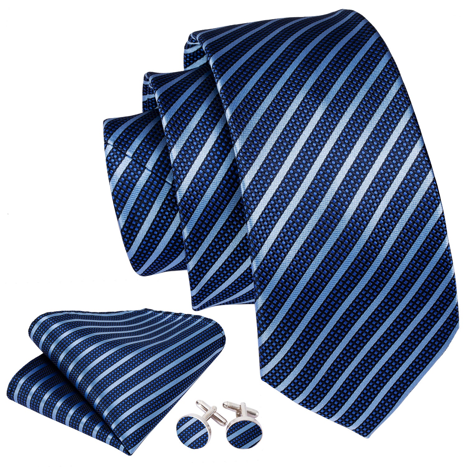 Blue striped Silk Men's Tie Pocket Square Cufflinks Set