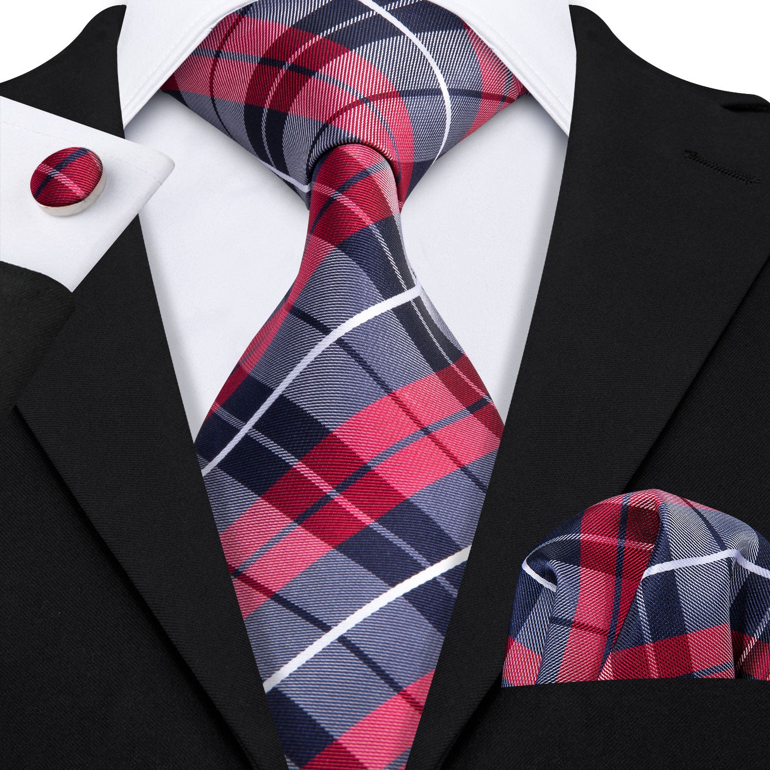 Classic Campus Style Blue Red Plaid Tie Pocket Square Cufflinks Set