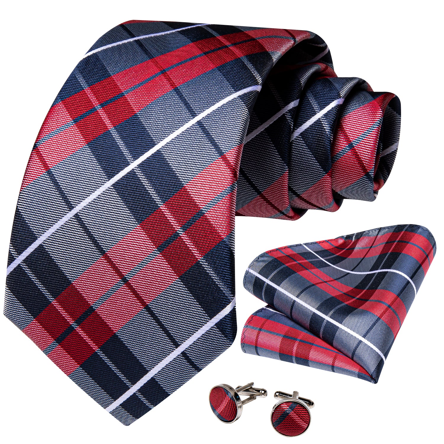 Classic Campus Style Blue Red Plaid Tie Pocket Square Cufflinks Set