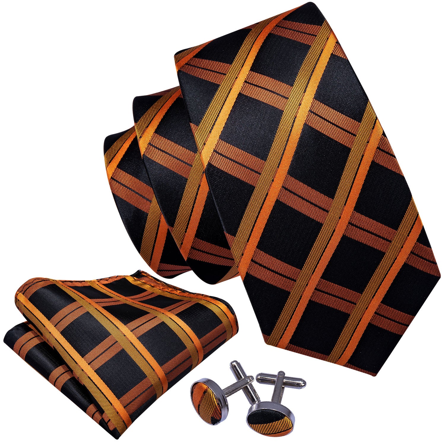 Orange Black Plaid  Tie Pocket Square Cufflinks Set
