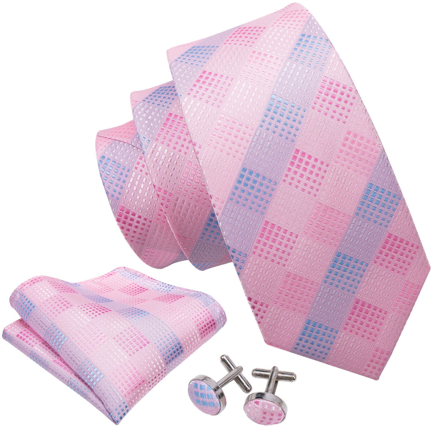 Pink Blue Plaid Silk Men's Tie Pocket Square Cufflinks Set