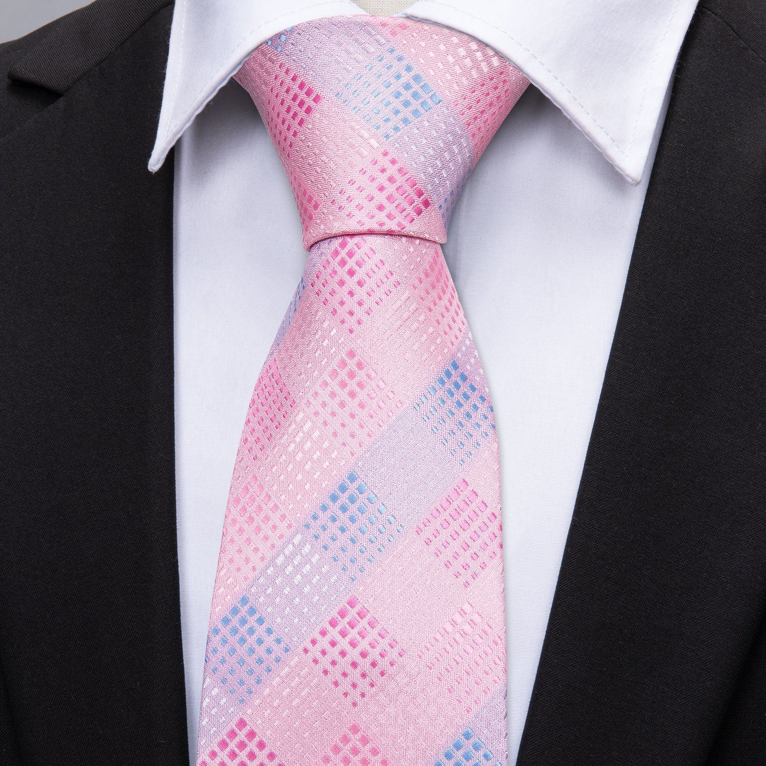 Pink Blue Plaid Silk Men's Tie Pocket Square Cufflinks Set